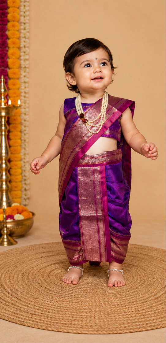 Violet Pre-Stitched Nauvari Saree — Fits 6 Months to 1.5 Years