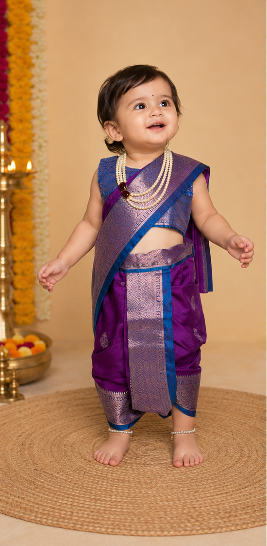 Royal Purple-Teal Pre-Stitched Nauvari Saree — Fits 6 Months to 1.5 Years