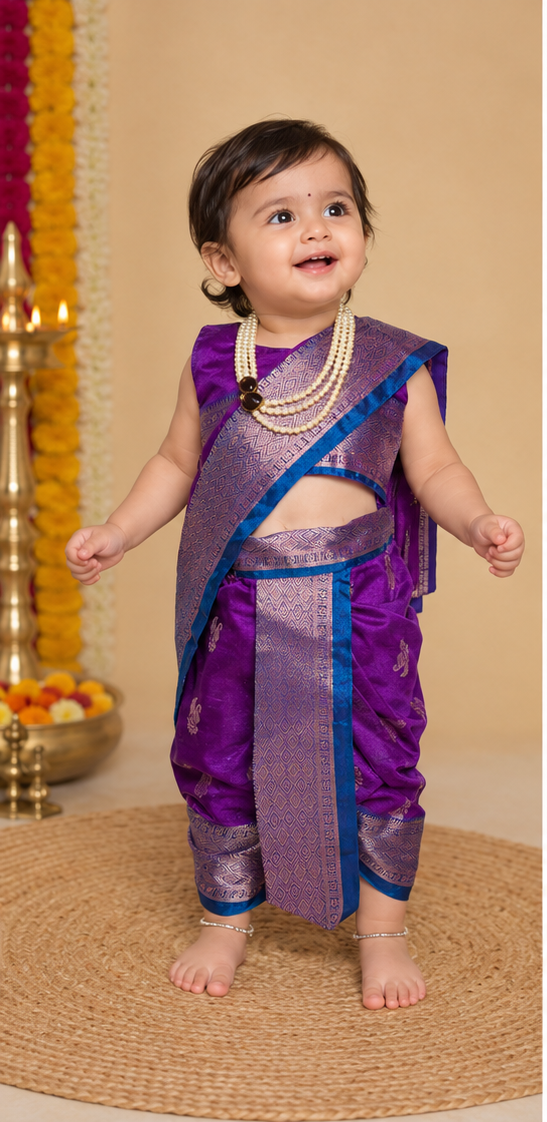Purple Pre-Stitched Nauvari Saree — Fits 6 Months to 1.5 Years