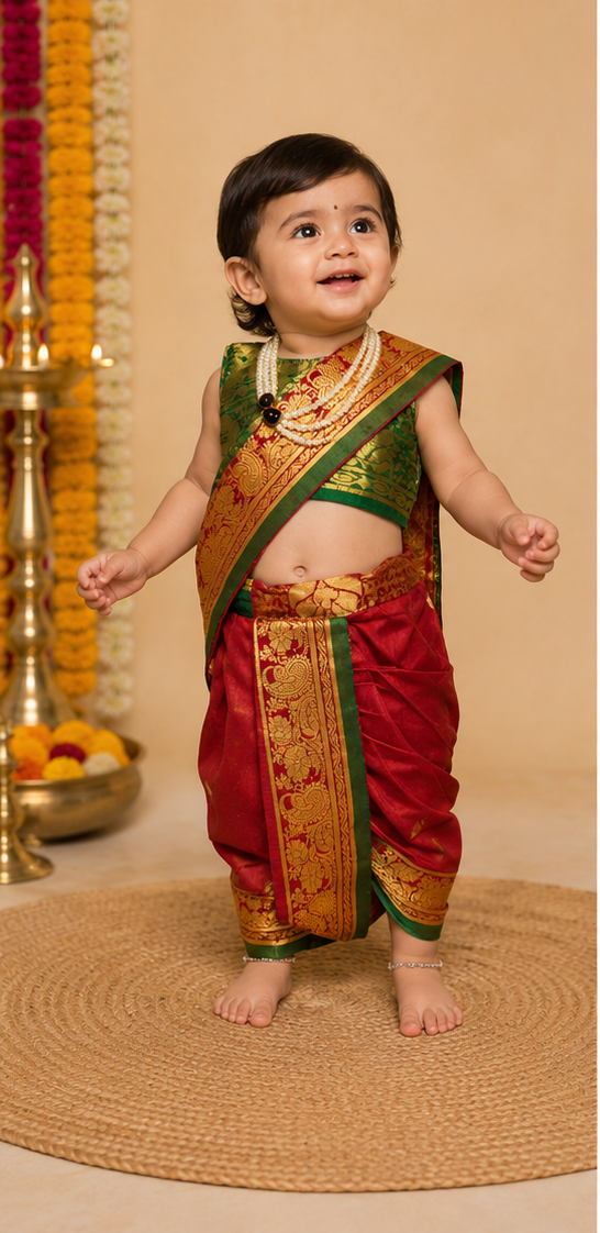 Red & Green Pre-Stitched Nauvari Saree — Fits 6 Months to 1.5 Years