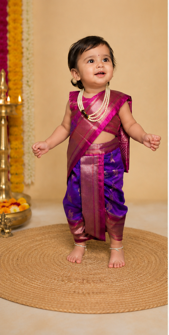 Pink-Purple Pre-Stitched Nauvari Saree — Fits 6 Months to 1.5 Years