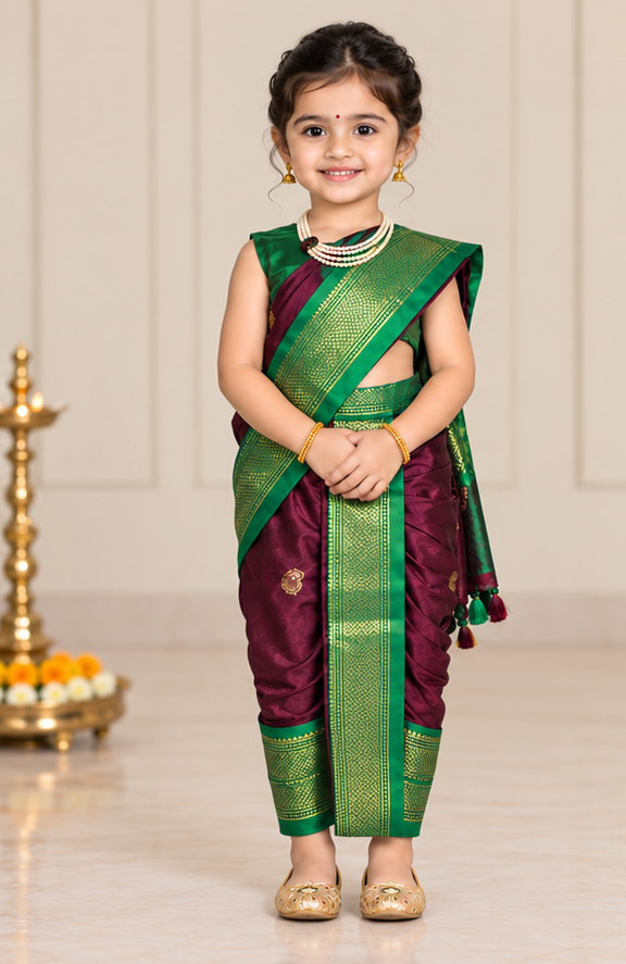 Emerald Green & Wine Pre-Stitched Nauvari Saree — Fits 3 to 4 Years