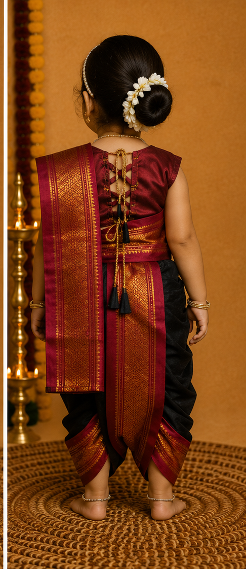 Red & Black Zari Border Nauvari Saree — Fits 2 to 3 Years