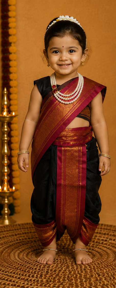 Red & Black Zari Border Nauvari Saree — Fits 2 to 3 Years