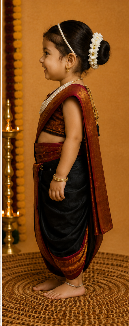 Red & Black Zari Border Nauvari Saree — Fits 2 to 3 Years