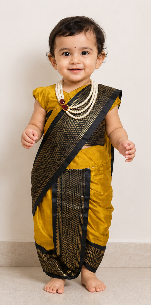 Mustard & Black Pre-Stitched Nauvari Saree — Fits 2 to 3 Years