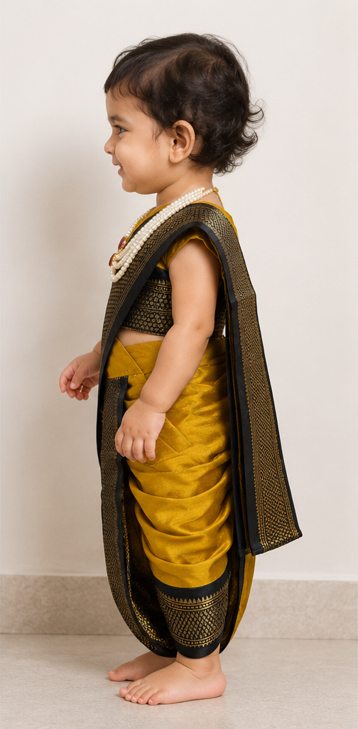 Mustard & Black Pre-Stitched Nauvari Saree — Fits 2 to 3 Years