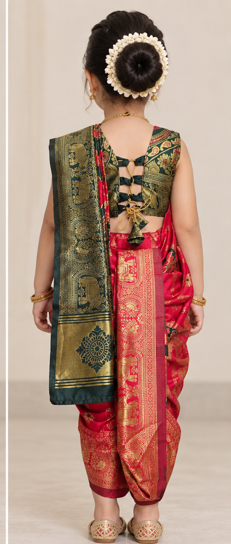 Crimson Red Pre-Stitched Nauvari Saree — Fits 3 to 4 Years