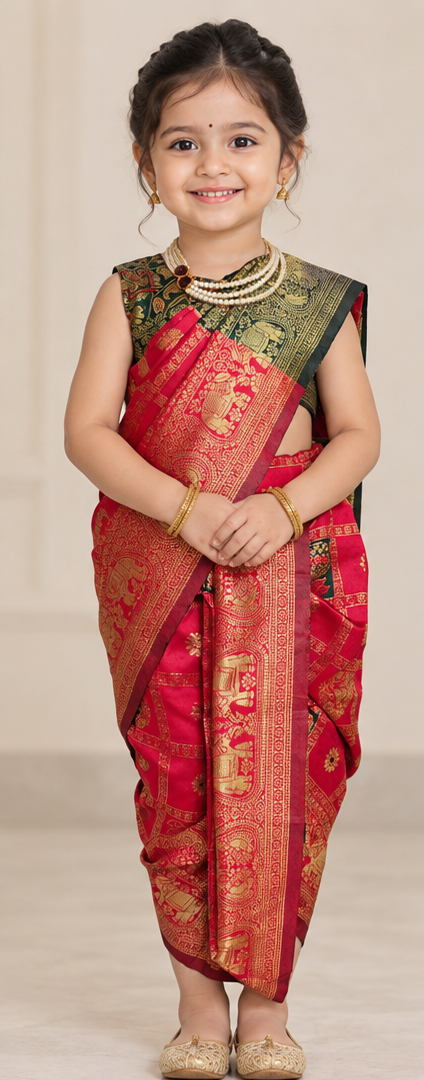 Crimson Red Pre-Stitched Nauvari Saree — Fits 3 to 4 Years