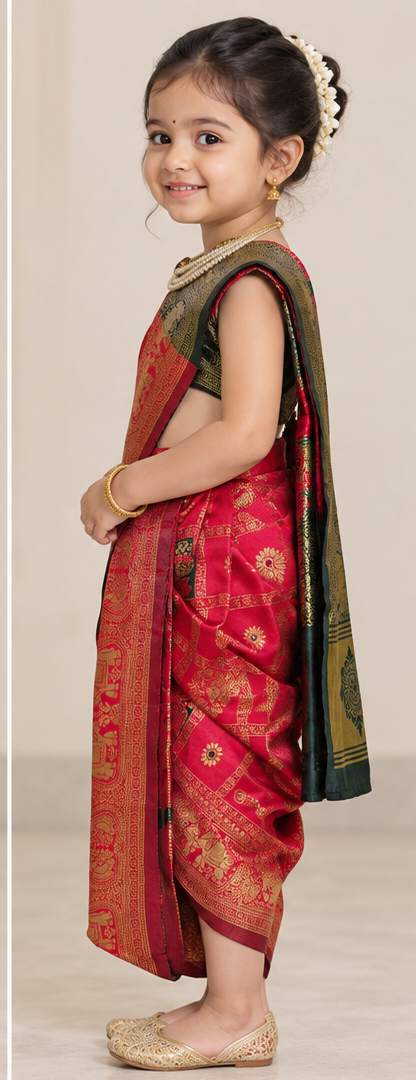 Crimson Red Pre-Stitched Nauvari Saree — Fits 3 to 4 Years