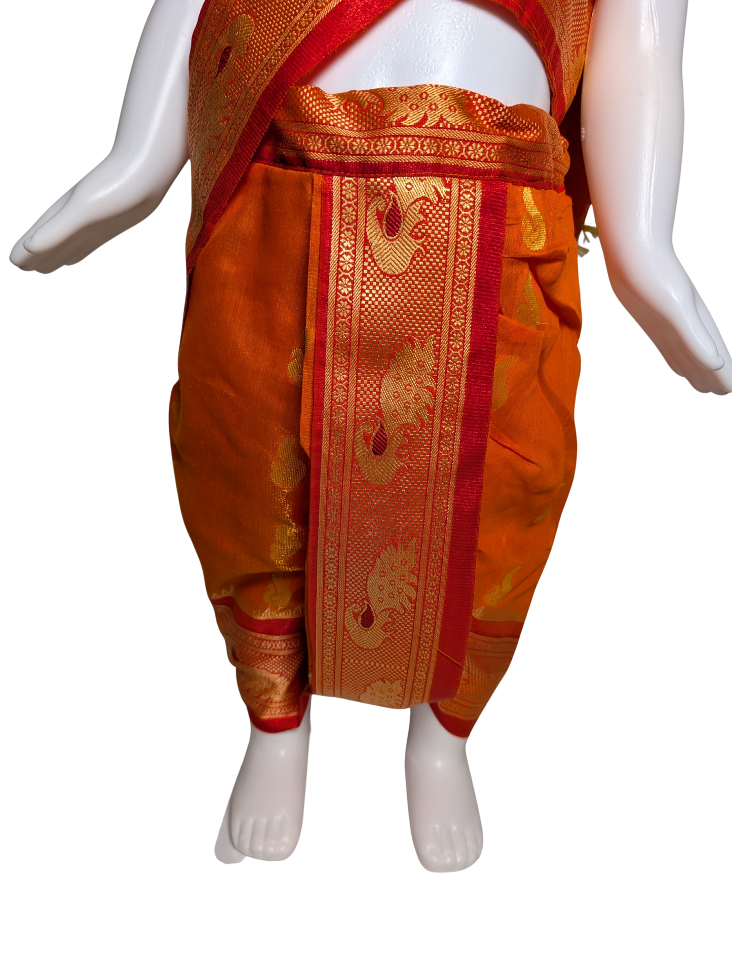 Marigold Orange Nauvari Saree – Pre-Stitched, Peacock Motif