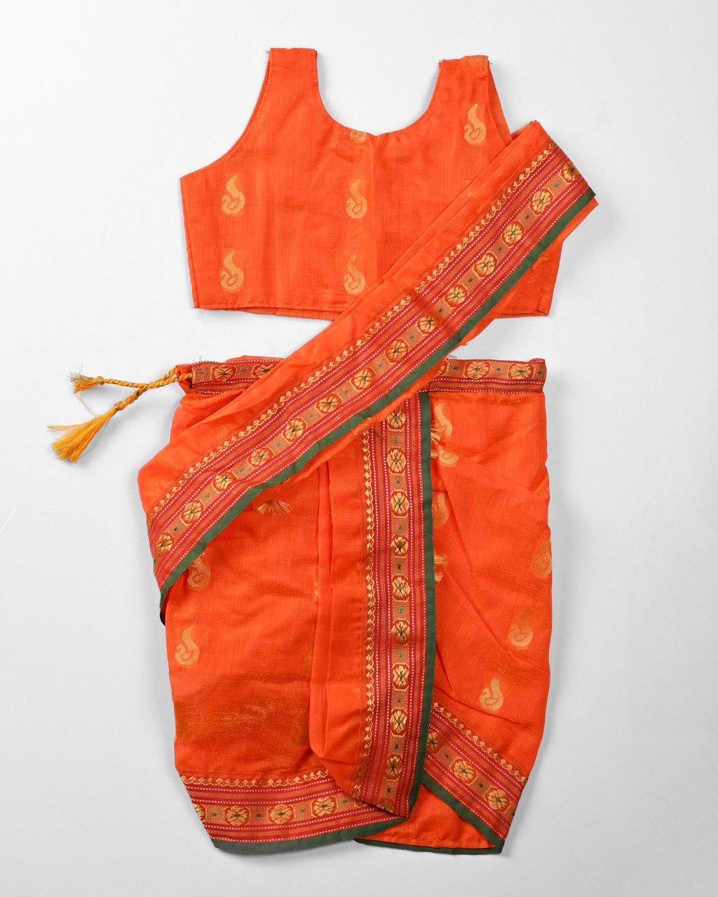 The Vaidehi | Bright Saffron Navvari with Emerald Green & Mango Motif Border
