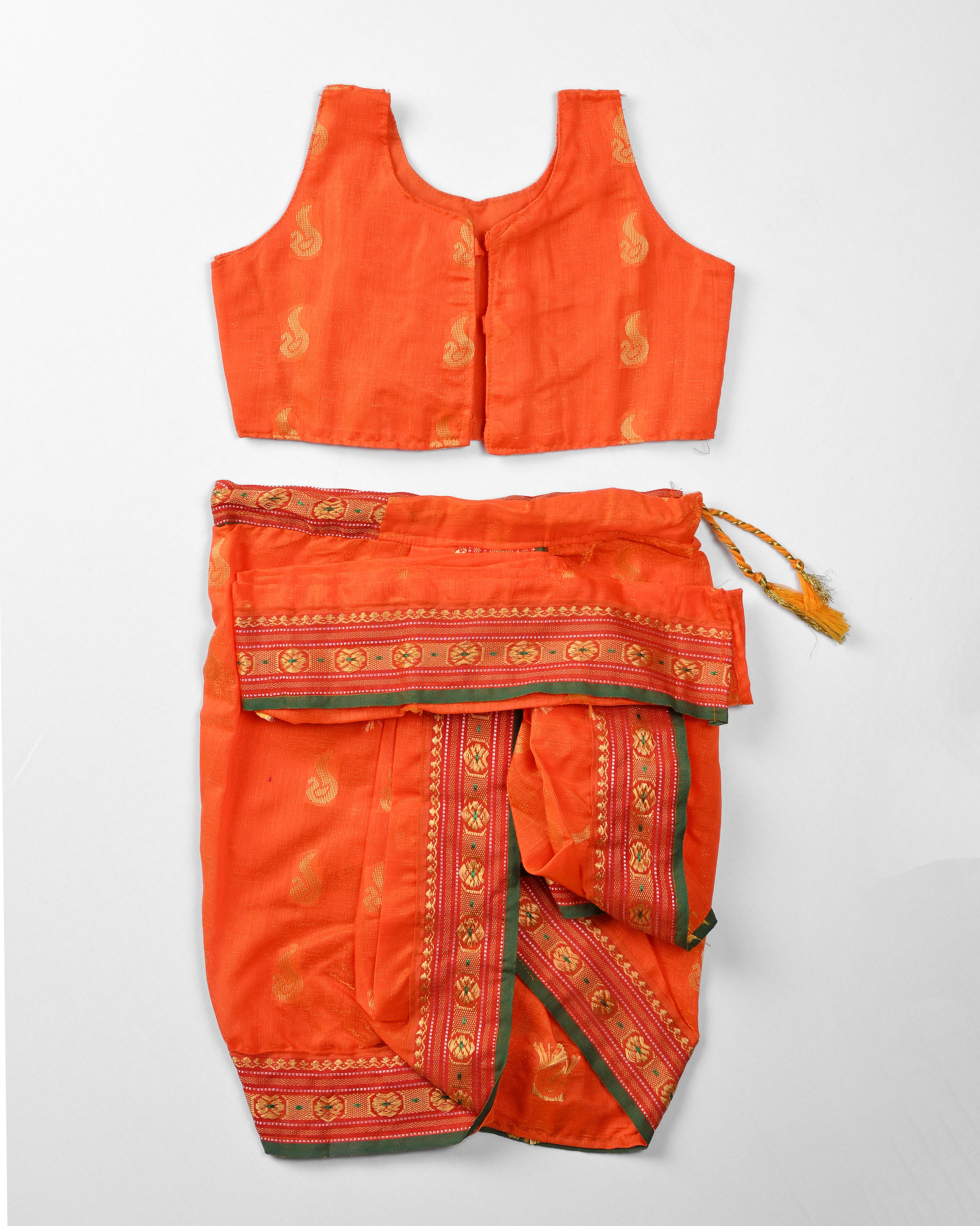 The Vaidehi | Bright Saffron Navvari with Emerald Green & Mango Motif Border