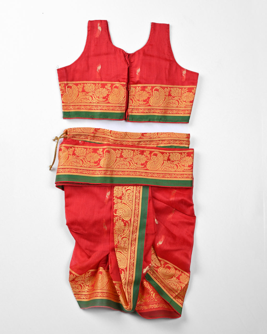 The Shivani | Classic Red Stitched Navvari with Emerald Green & Gold Zari Border