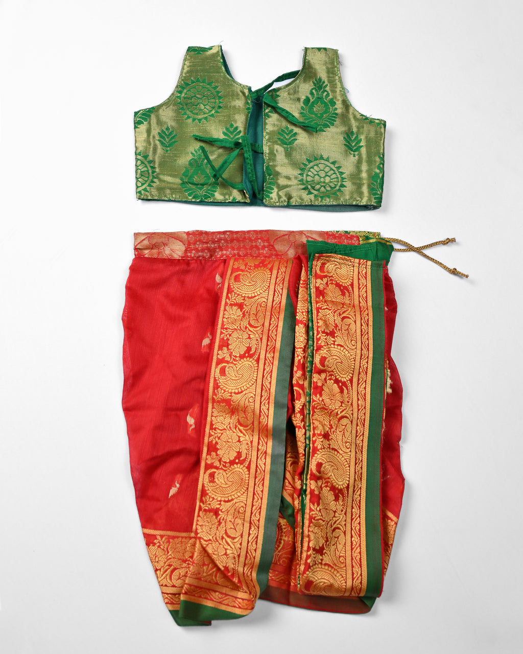 The Ranjika | Classic Red & Green Stitched Navvari with Matching Blouse & Gold Zari