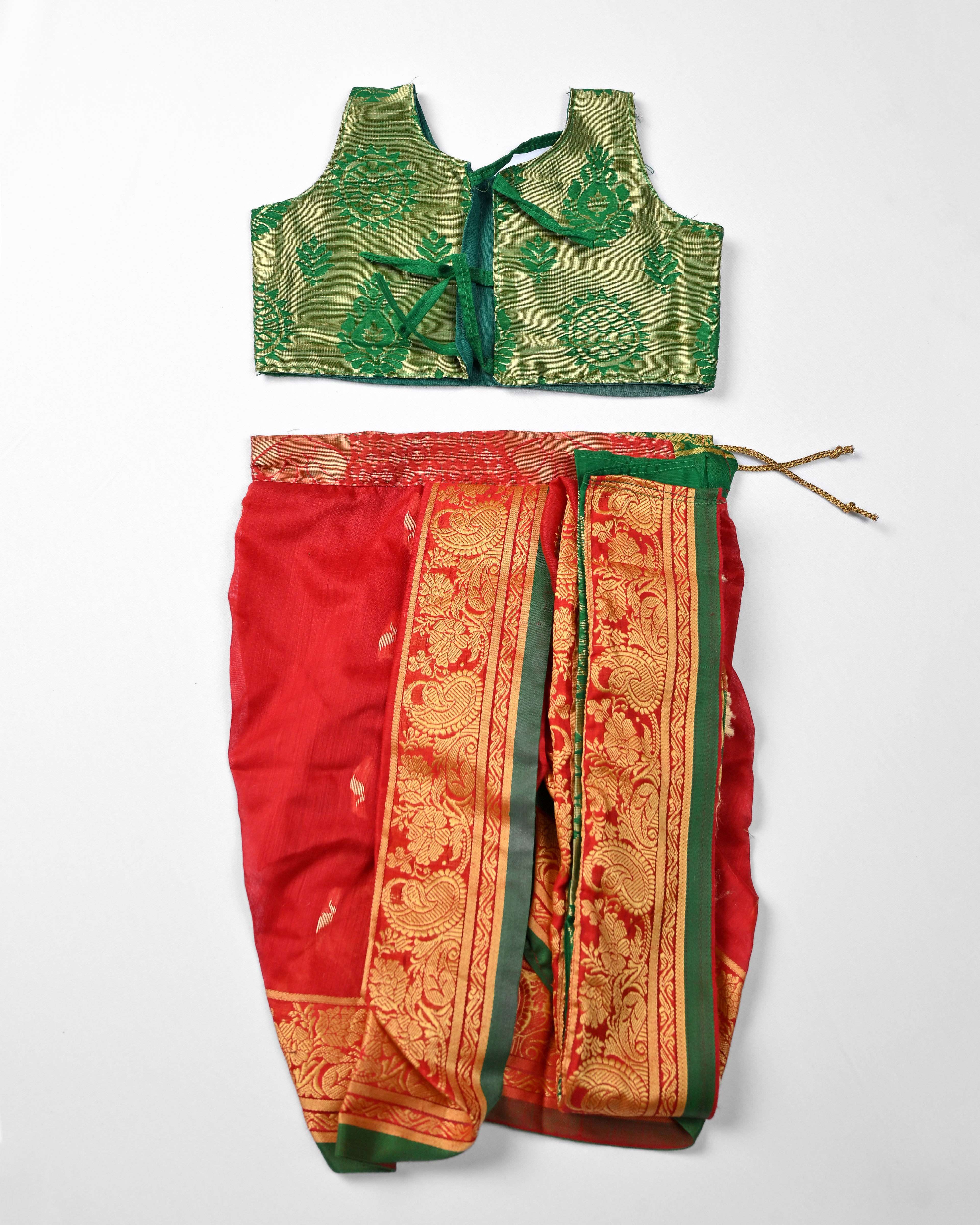 The Ranjika | Classic Red & Green Stitched Navvari with Matching Blouse & Gold Zari