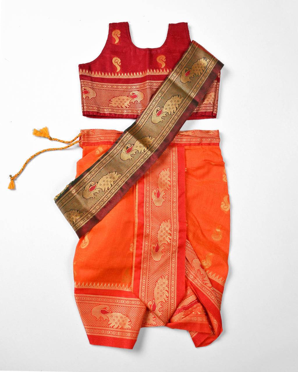 The Rajlakshmi | Saffron Orange Navvari with Maroon Contrast Blouse & Golden Zari