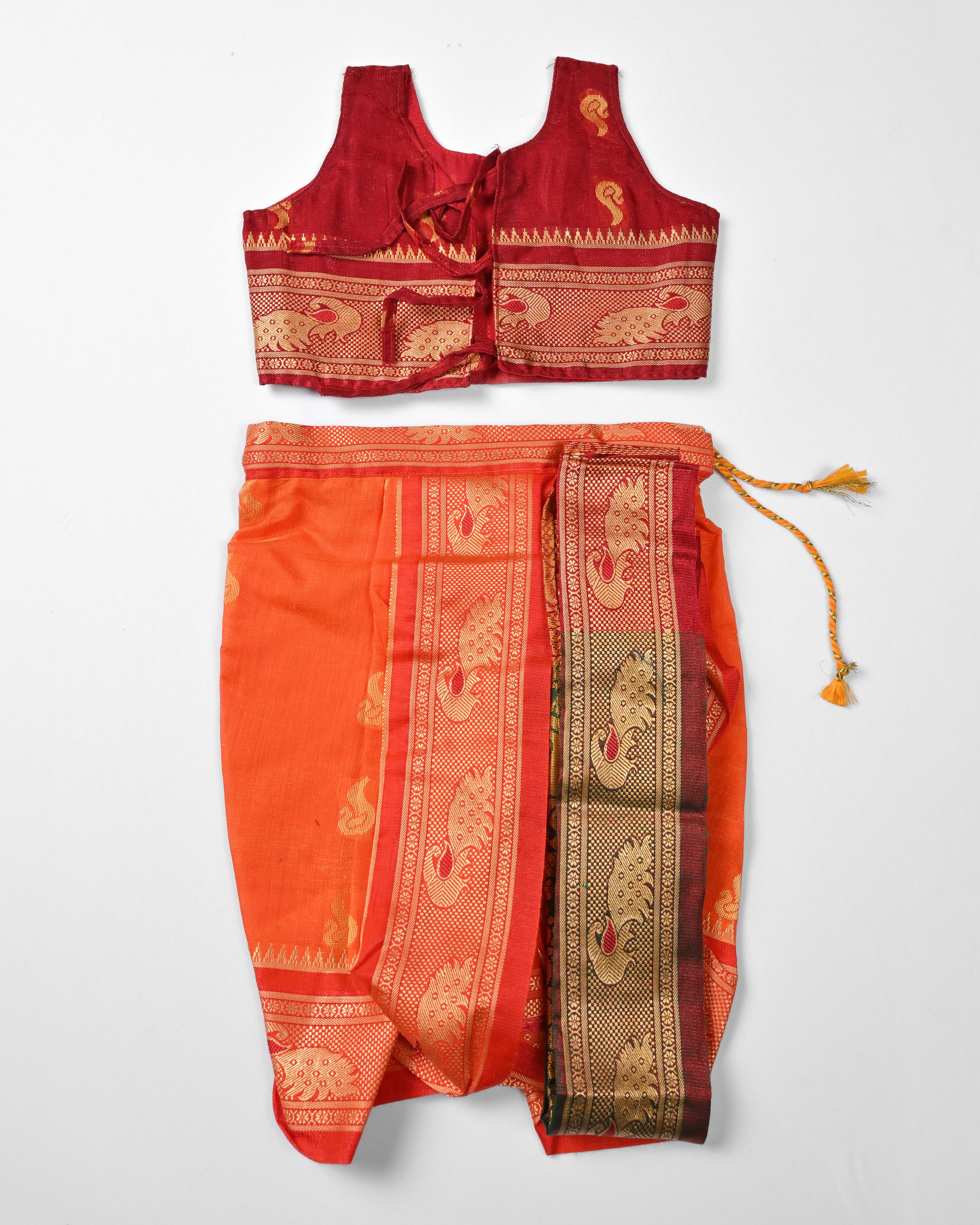The Rajlakshmi | Saffron Orange Navvari with Maroon Contrast Blouse & Golden Zari