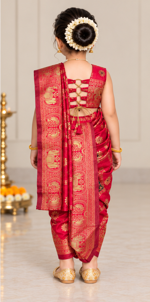 Ruby Red Elephant-Motif Pre-Stitched Nauvari Saree — Fits 3 to 4 Years
