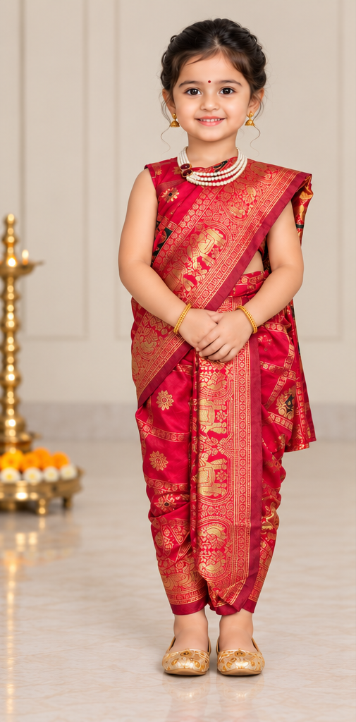 Ruby Red Elephant-Motif Pre-Stitched Nauvari Saree — Fits 3 to 4 Years