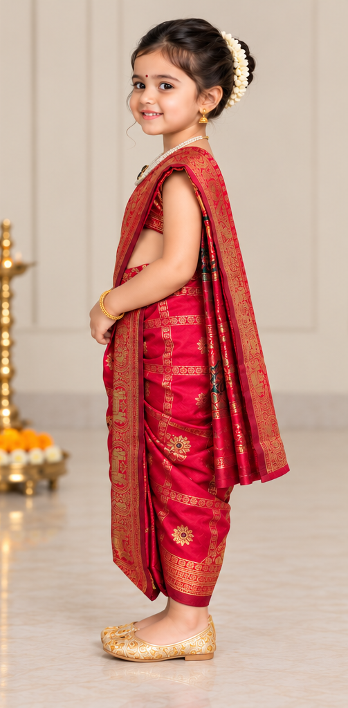 Ruby Red Elephant-Motif Pre-Stitched Nauvari Saree — Fits 3 to 4 Years
