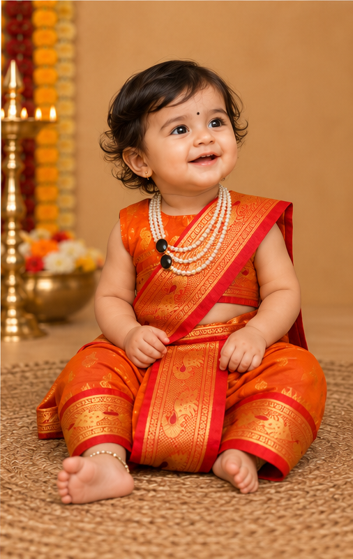 Marigold Orange Pre-Stitched Nauvari Saree, Peacock Motif — Fits 6 Months to 1.5 Years