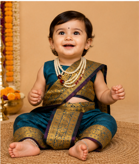 Teal & Purple Pre-Stitched Nauvari Saree — Fits 6 Months to 1.5 Years