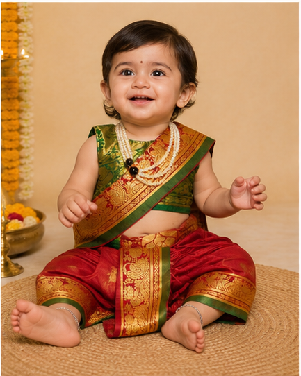 Red & Green Pre-Stitched Nauvari Saree — Fits 6 Months to 1.5 Years