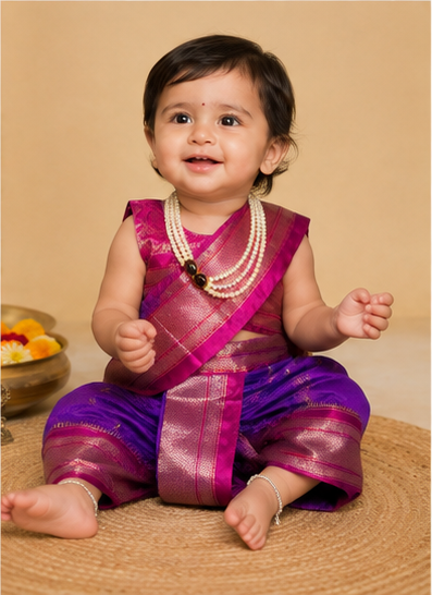 Pink-Purple Pre-Stitched Nauvari Saree — Fits 6 Months to 1.5 Years
