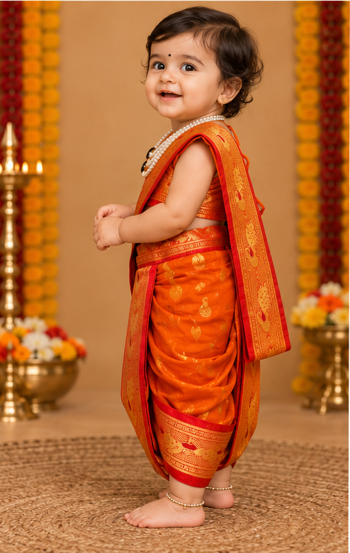 Marigold Orange Pre-Stitched Nauvari Saree, Peacock Motif — Fits 6 Months to 1.5 Years