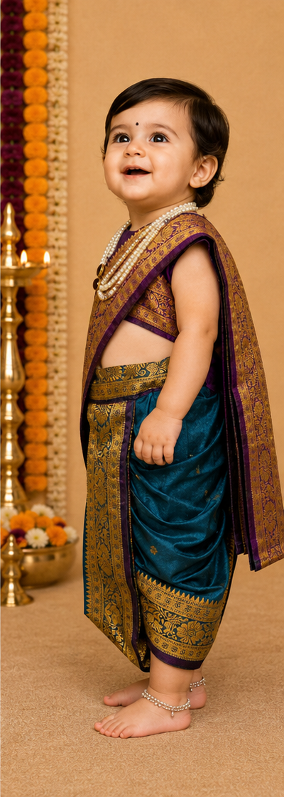 Purple & Teal Pre-Stitched Nauvari Saree — Fits 6 Months to 1.5 Years