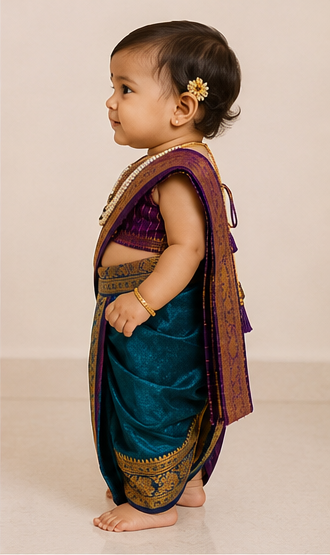 Purple & Teal Peacock Pre-Stitched Nauvari Saree — Fits 6 Months to 1.5 Years