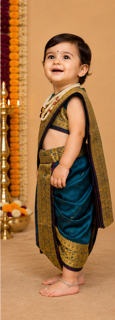 Teal & Purple Pre-Stitched Nauvari Saree — Fits 6 Months to 1.5 Years