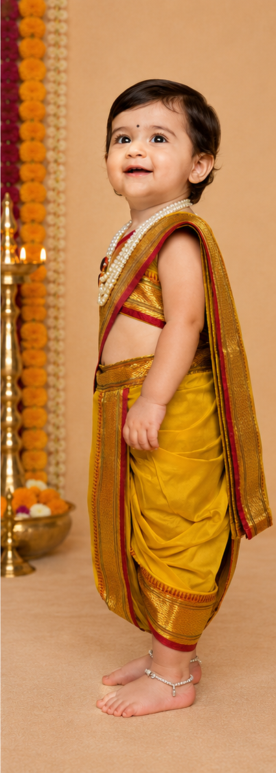 Yellow Pre-Stitched Nauvari Saree — Fits 6 Months to 1.5 Years