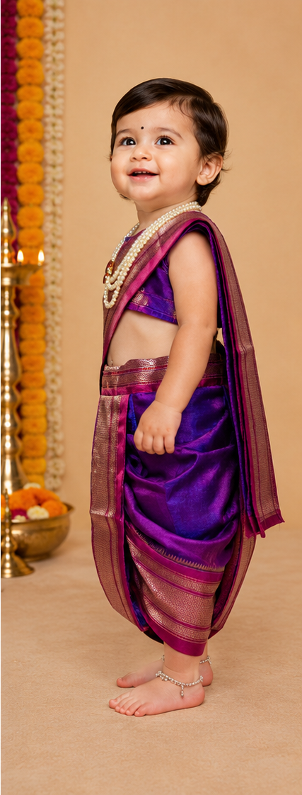 Violet Pre-Stitched Nauvari Saree — Fits 6 Months to 1.5 Years