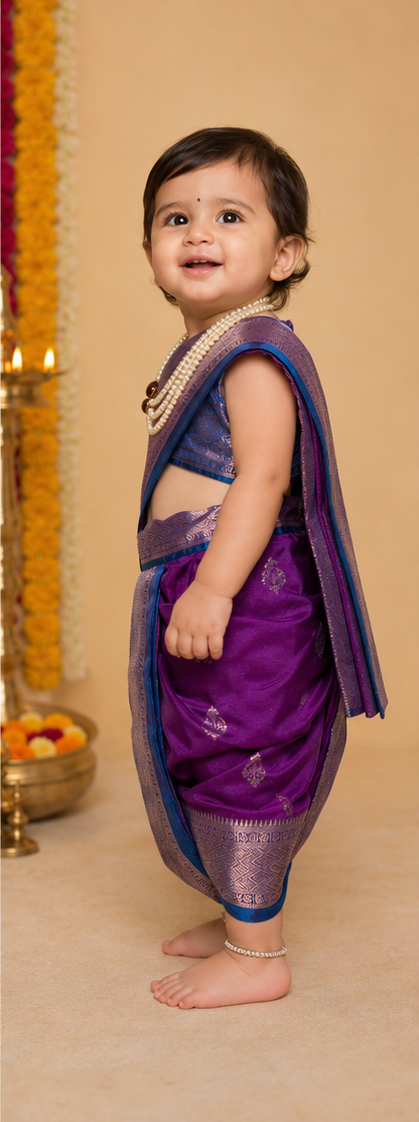 Royal Purple-Teal Pre-Stitched Nauvari Saree — Fits 6 Months to 1.5 Years