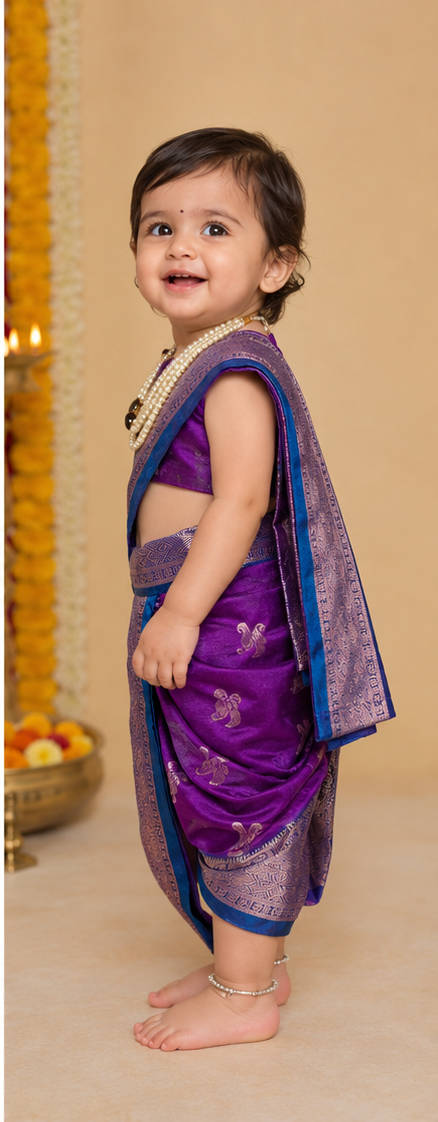 Purple Pre-Stitched Nauvari Saree — Fits 6 Months to 1.5 Years