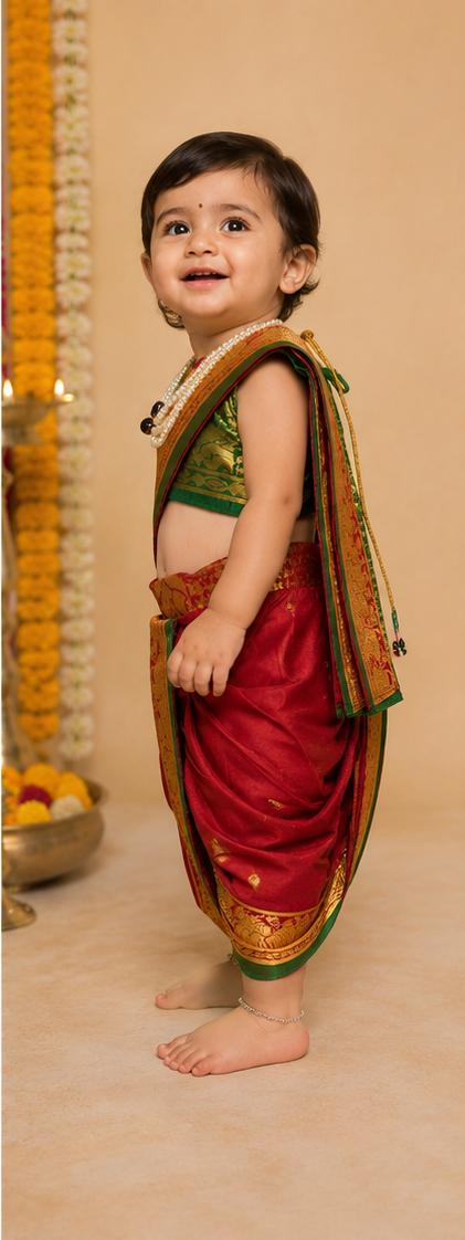 Red & Green Pre-Stitched Nauvari Saree — Fits 6 Months to 1.5 Years