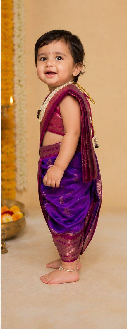 Pink-Purple Pre-Stitched Nauvari Saree — Fits 6 Months to 1.5 Years