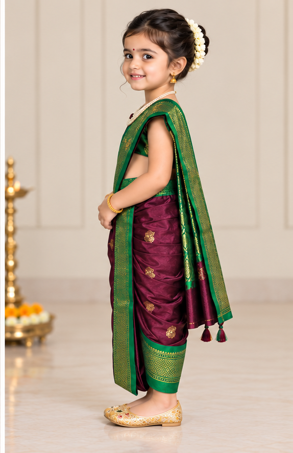 Emerald Green & Wine Pre-Stitched Nauvari Saree — Fits 3 to 4 Years