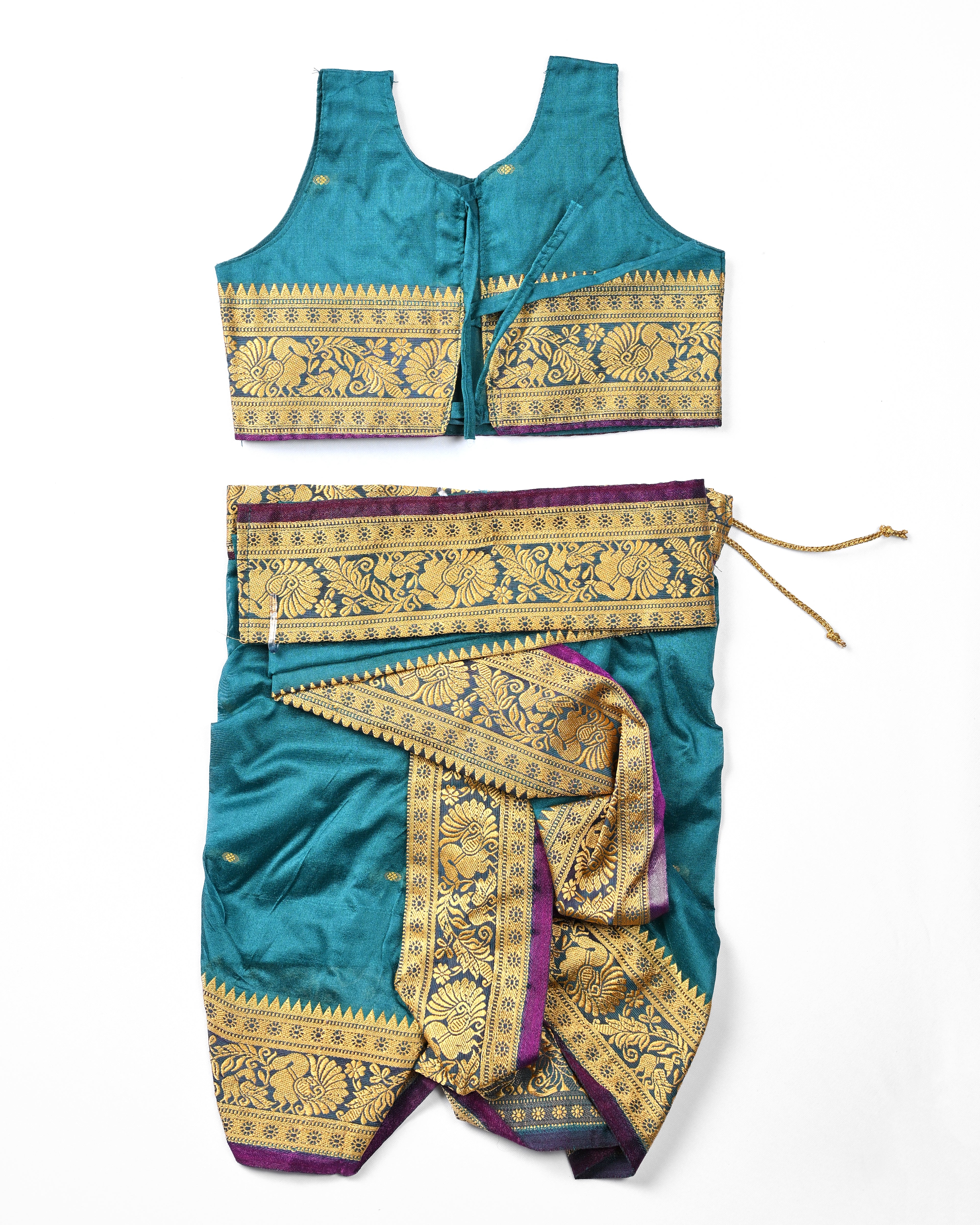 The Neelambari | Classic Teal Stitched Navvari with Matching Blouse & Gold Zari