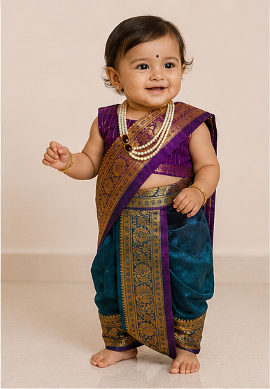 Purple & Teal Peacock Pre-Stitched Nauvari Saree — Fits 6 Months to 1.5 Years