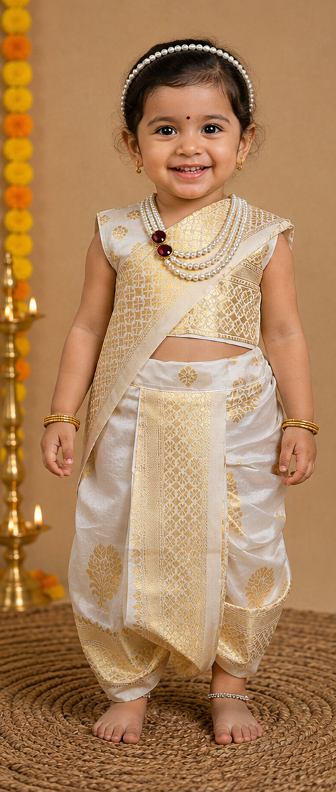 Ivory & Gold Zari Nauvari Saree — Fits 2 to 3 Years